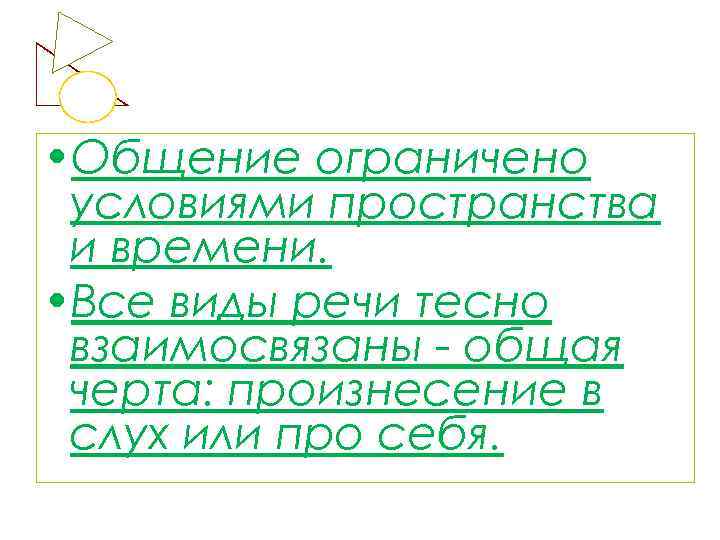  • Общение ограничено условиями пространства и времени. • Все виды речи тесно взаимосвязаны