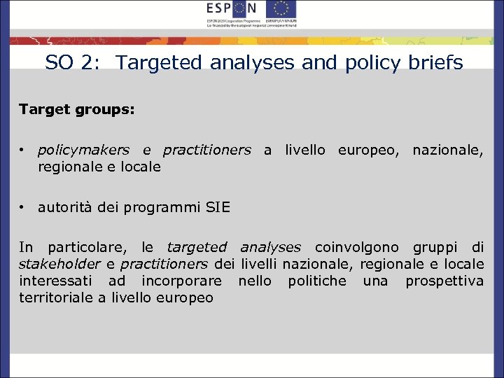 SO 2: Targeted analyses and policy briefs Target groups: • policymakers e practitioners a