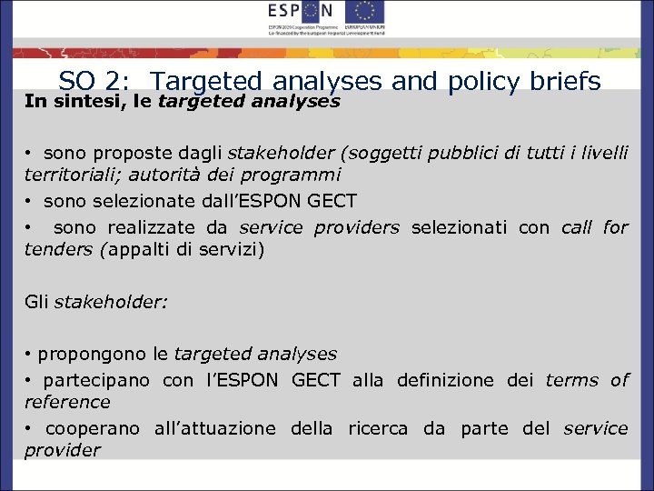 SO 2: Targeted analyses and policy briefs In sintesi, le targeted analyses • sono