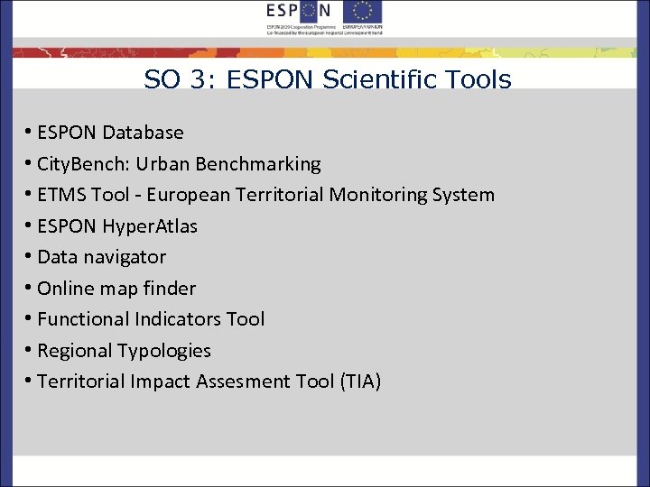 SO 3: ESPON Scientific Tools • ESPON Database • City. Bench: Urban Benchmarking •