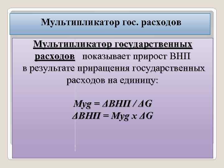 Мультипликатор гос. расходов Мультипликатор государственных расходов показывает прирост ВНП в результате приращения государственных расходов