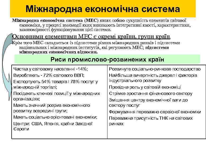 Міжнародна економічна система (МЕС) являє собою сукупність елементів світової економіки, у процесі взаємодії яких