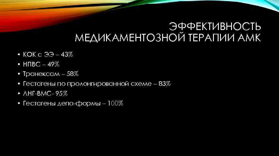 ЭФФЕКТИВНОСТЬ МЕДИКАМЕНТОЗНОЙ ТЕРАПИИ АМК • КОК с ЭЭ – 43% • НПВС – 49%