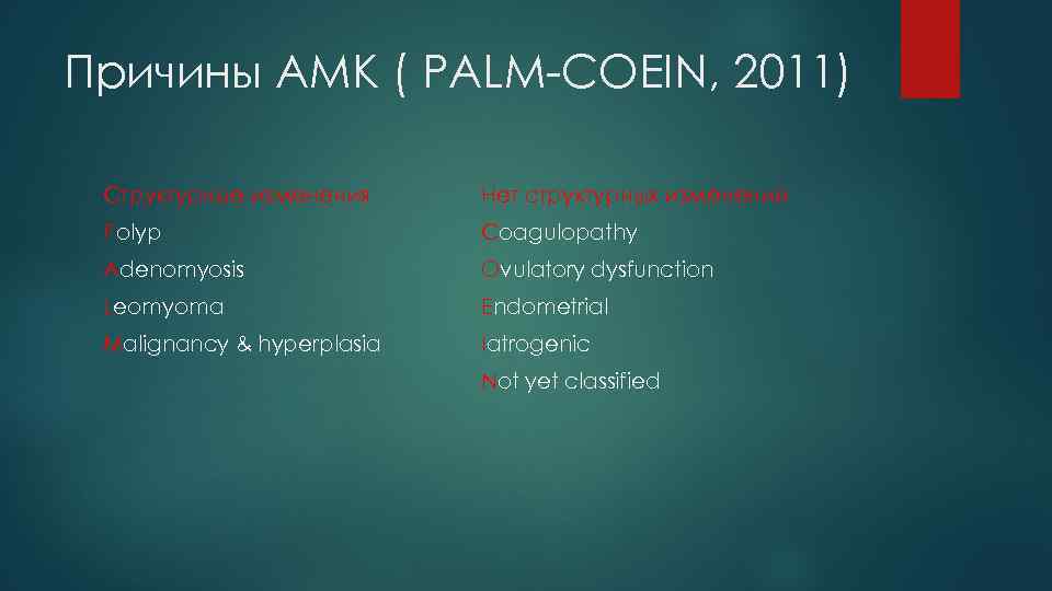 Причины АМК ( PALM-COEIN, 2011) Структурные изменения Нет структурных изменений Polyp Coagulopathy Adenomyosis Ovulatory