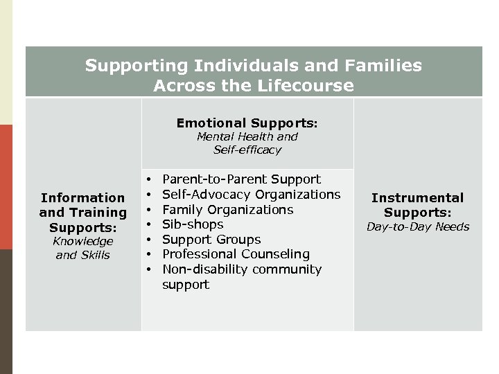 Supporting Individuals and Families Across the Lifecourse Emotional Supports: Mental Health and Self-efficacy Information