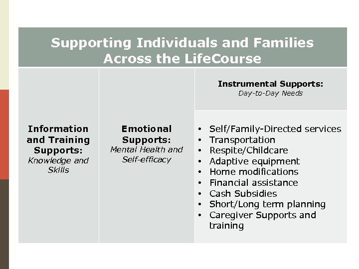 Supporting Individuals and Families Across the Life. Course Instrumental Supports: Day-to-Day Needs Information and