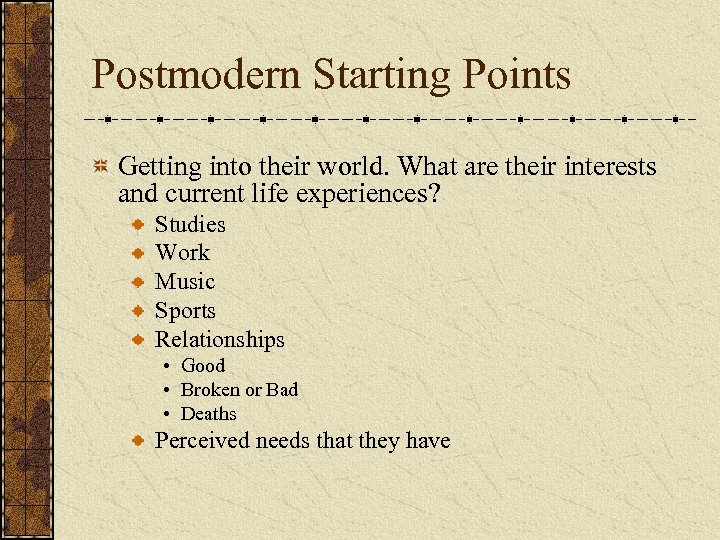 Postmodern Starting Points Getting into their world. What are their interests and current life