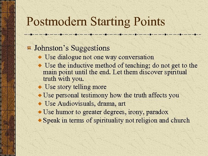 Postmodern Starting Points Johnston’s Suggestions Use dialogue not one way conversation Use the inductive