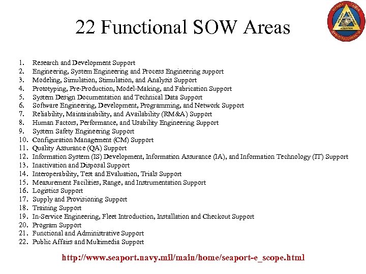 22 Functional SOW Areas 1. 2. 3. 4. 5. 6. 7. 8. 9. 10.