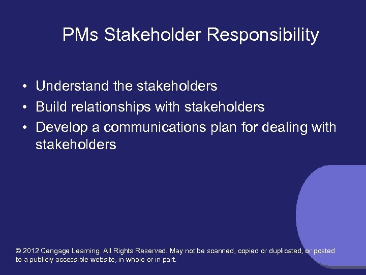 PMs Stakeholder Responsibility • Understand the stakeholders • Build relationships with stakeholders • Develop