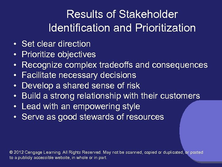 Results of Stakeholder Identification and Prioritization • • Set clear direction Prioritize objectives Recognize