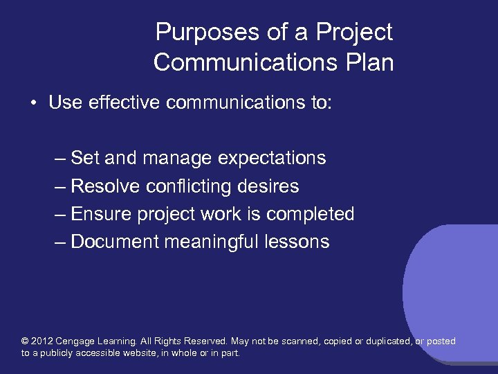 Purposes of a Project Communications Plan • Use effective communications to: – Set and