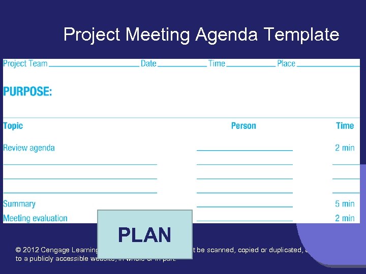 Project Meeting Agenda Template PLAN © 2012 Cengage Learning. All Rights Reserved. May not