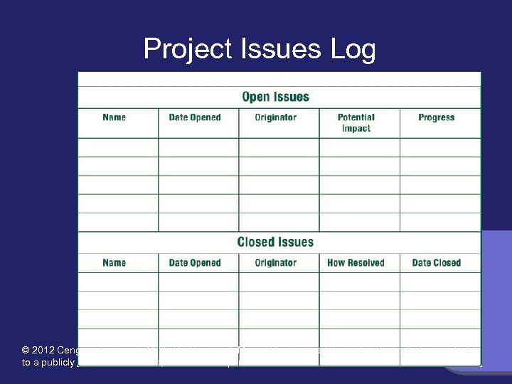 Project Issues Log © 2012 Cengage Learning. All Rights Reserved. May not be scanned,