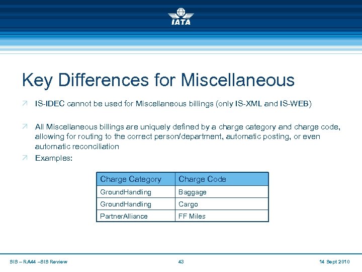Key Differences for Miscellaneous Ö IS-IDEC cannot be used for Miscellaneous billings (only IS-XML