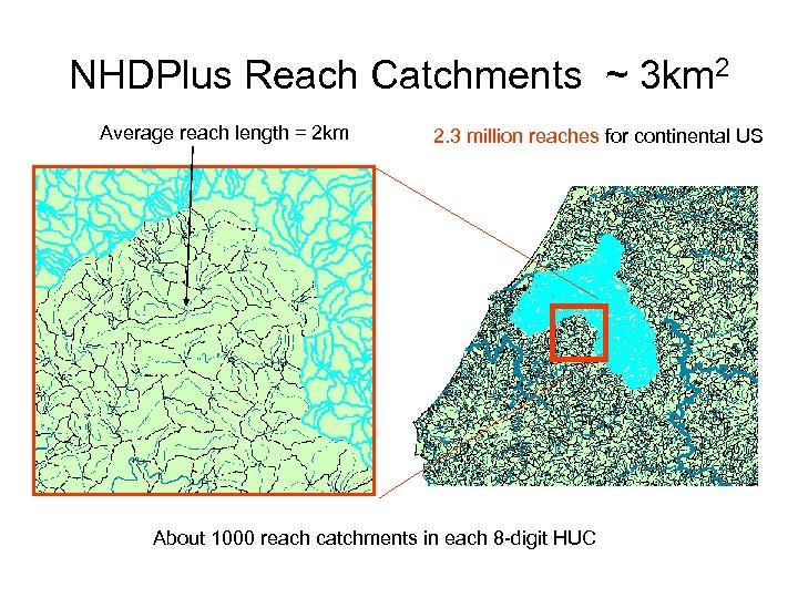 NHDPlus Reach Catchments ~ 3 km 2 Average reach length = 2 km 2.