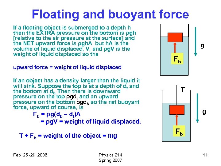 Floating and buoyant force If a floating object is submerged to a depth h