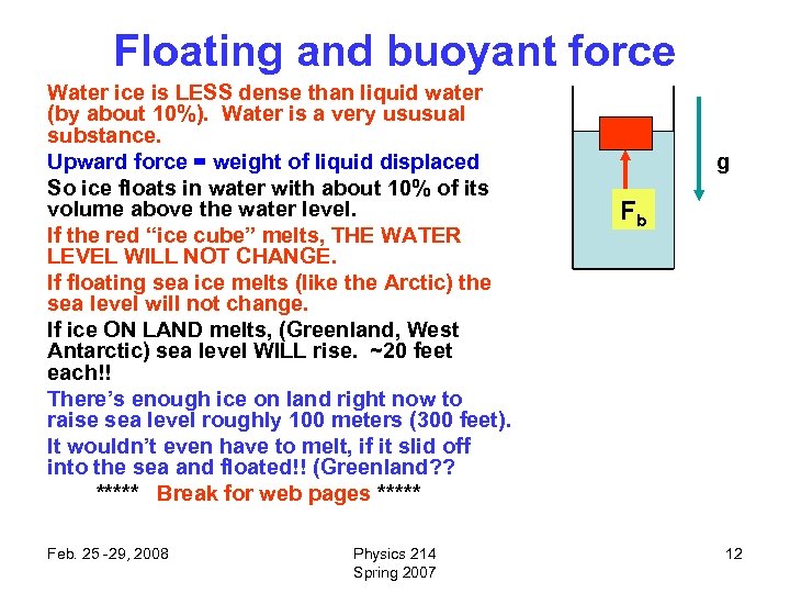 Floating and buoyant force Water ice is LESS dense than liquid water (by about