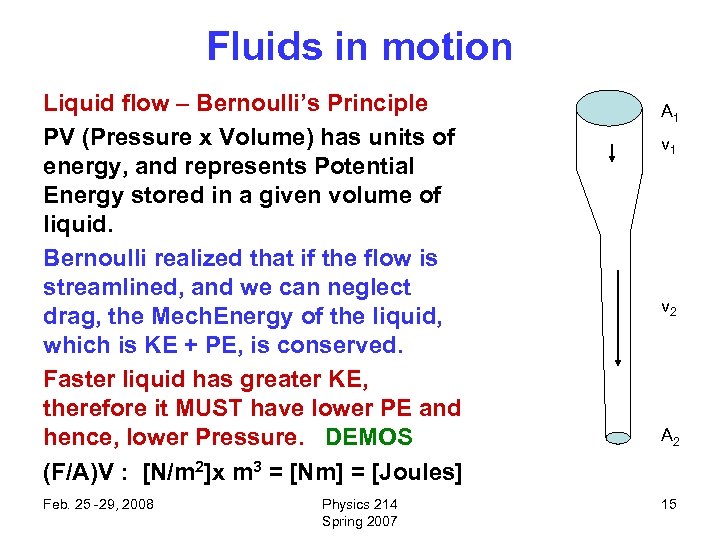 Fluids in motion Liquid flow – Bernoulli’s Principle PV (Pressure x Volume) has units