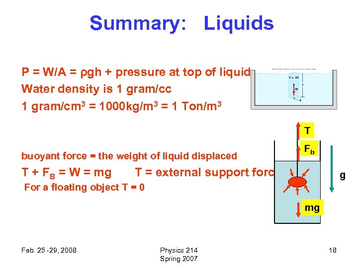 Summary: Liquids P = W/A = ρgh + pressure at top of liquid Water