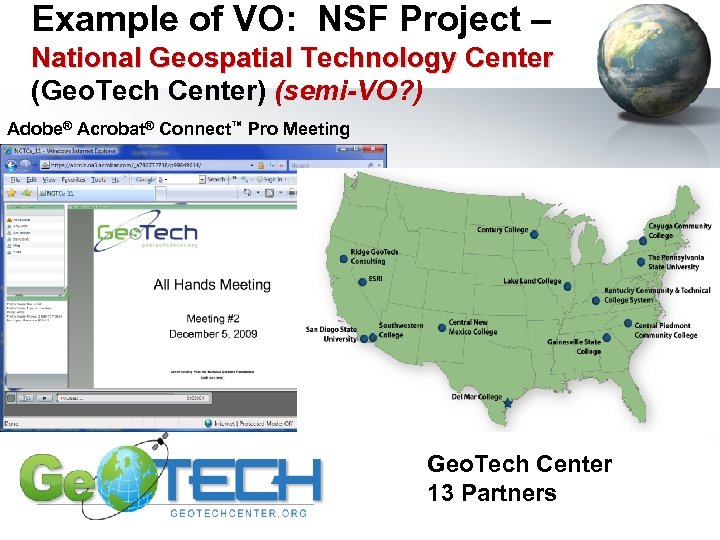 Example of VO: NSF Project – National Geospatial Technology Center (Geo. Tech Center) (semi-VO?