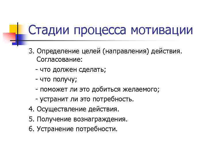 Стадии процесса мотивации 3. Определение целей (направления) действия. Согласование: что должен сделать; что получу;