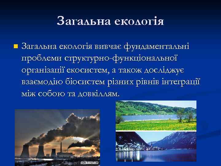 Загальна екологія n Загальна екологія вивчає фундаментальні проблеми структурно-функціональної організації екосистем, а також досліджує