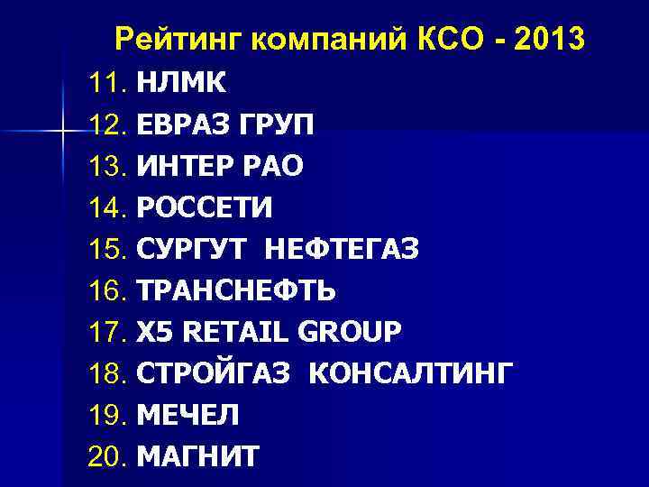 Рейтинг компаний КСО - 2013 11. НЛМК 12. ЕВРАЗ ГРУП 13. ИНТЕР РАО 14.