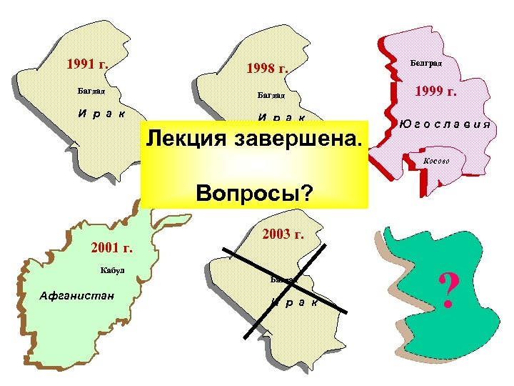 1991 г. 1998 г. Багдад И р а к Лекция завершена. Белград 1999 г.