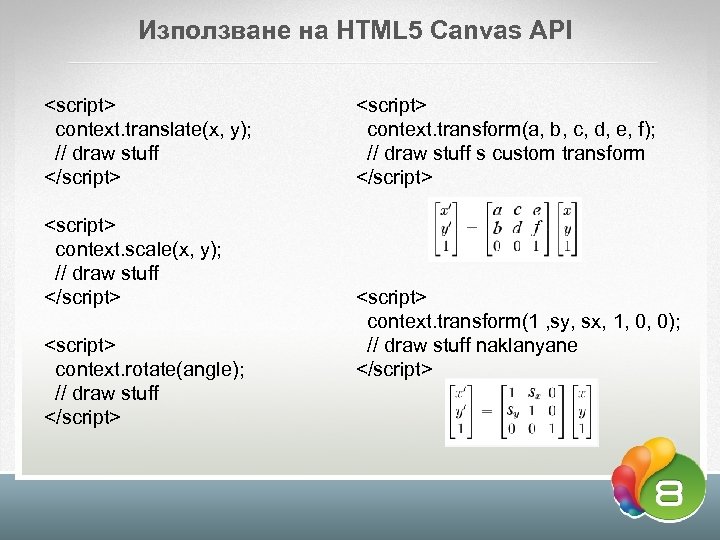 Използване на HTML 5 Canvas API <script> context. translate(x, y); // draw stuff </script>