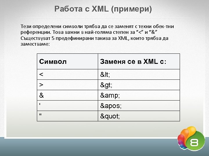 Работа с XML (примери) Тези определени символи трябва да се заменят с техни обек-тни