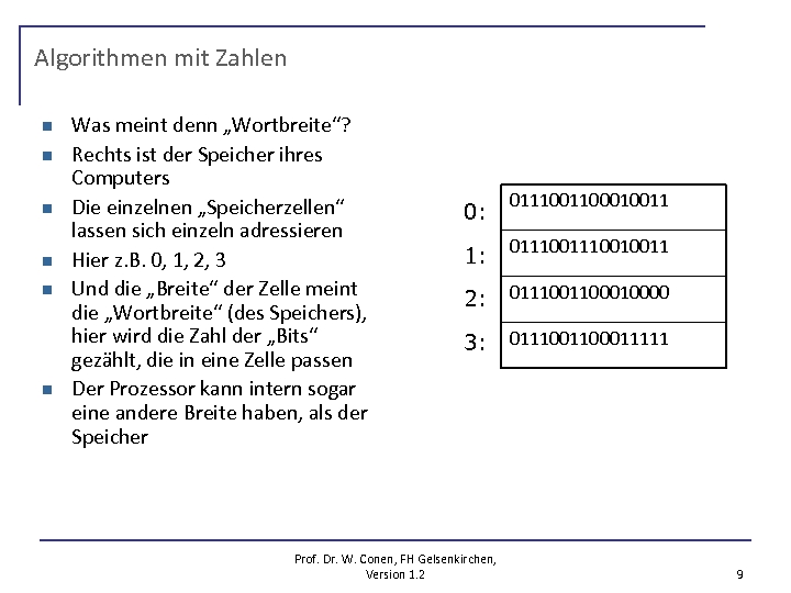 Algorithmen mit Zahlen n n n Was meint denn „Wortbreite“? Rechts ist der Speicher