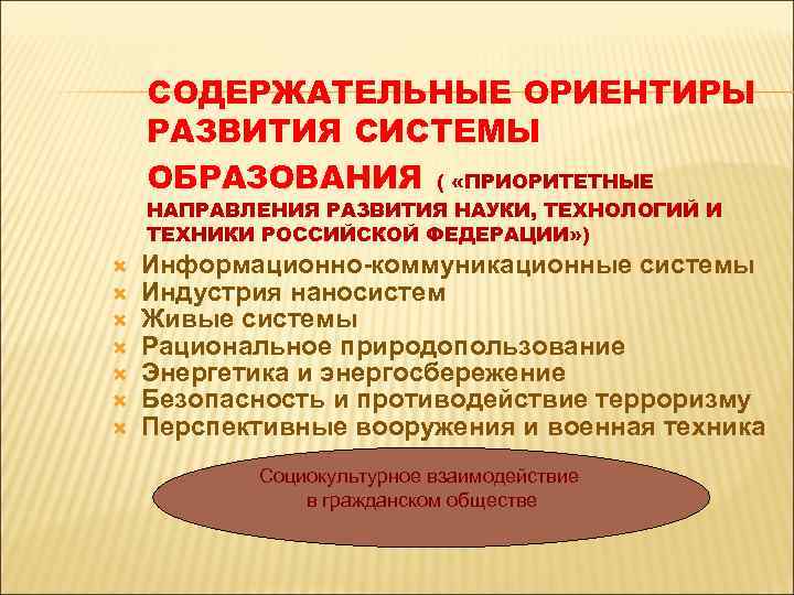 СОДЕРЖАТЕЛЬНЫЕ ОРИЕНТИРЫ РАЗВИТИЯ СИСТЕМЫ ОБРАЗОВАНИЯ ( «ПРИОРИТЕТНЫЕ НАПРАВЛЕНИЯ РАЗВИТИЯ НАУКИ, ТЕХНОЛОГИЙ И ТЕХНИКИ РОССИЙСКОЙ