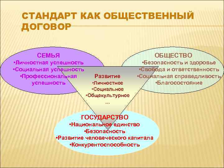 СТАНДАРТ КАК ОБЩЕСТВЕННЫЙ ДОГОВОР СЕМЬЯ ОБЩЕСТВО • Личностная успешность • Социальная успешность • Профессиональная