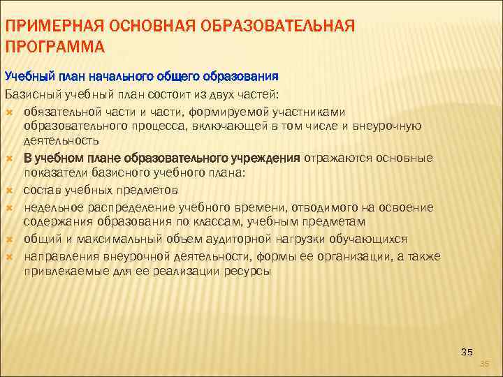 ПРИМЕРНАЯ ОСНОВНАЯ ОБРАЗОВАТЕЛЬНАЯ ПРОГРАММА Учебный план начального общего образования Базисный учебный план состоит из