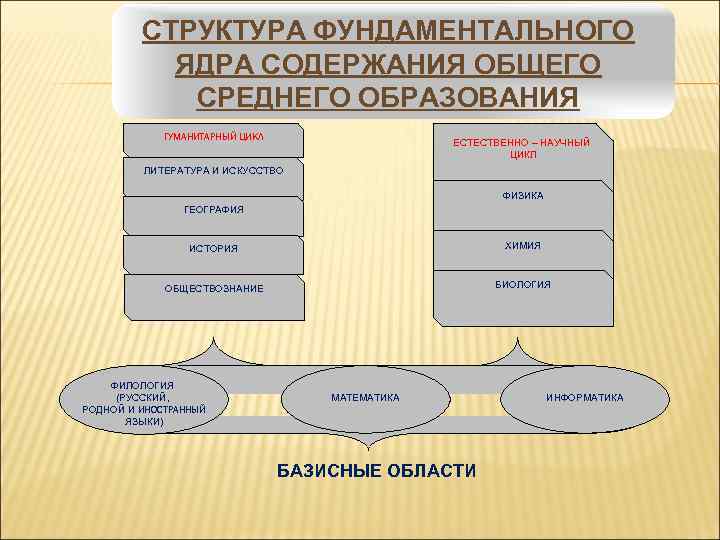 СТРУКТУРА ФУНДАМЕНТАЛЬНОГО ЯДРА СОДЕРЖАНИЯ ОБЩЕГО СРЕДНЕГО ОБРАЗОВАНИЯ ГУМАНИТАРНЫЙ ЦИКЛ ЕСТЕСТВЕННО – НАУЧНЫЙ ЦИКЛ ЛИТЕРАТУРА