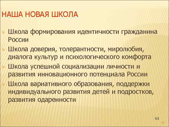 НАША НОВАЯ ШКОЛА Ø Ø Школа формирования идентичности гражданина России Школа доверия, толерантности, миролюбия,