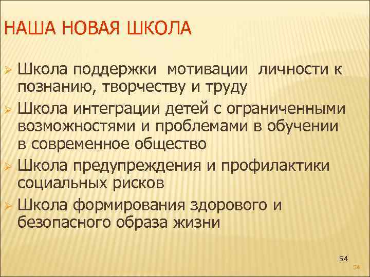 НАША НОВАЯ ШКОЛА Школа поддержки мотивации личности к познанию, творчеству и труду Ø Школа