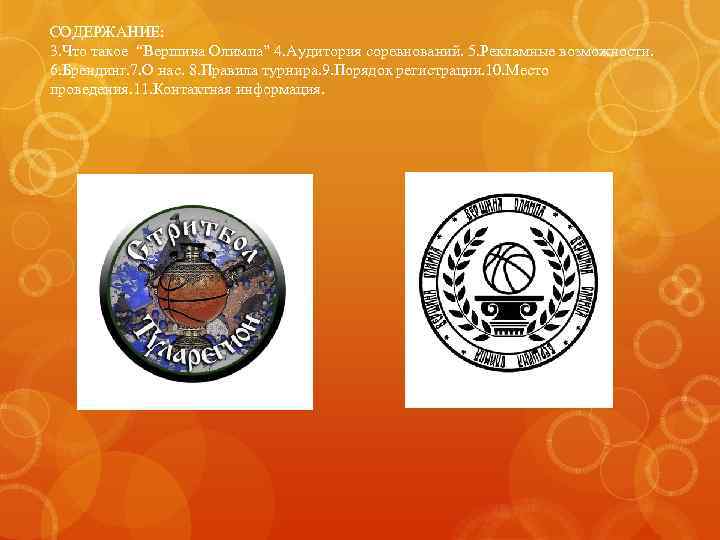 СОДЕРЖАНИЕ: 3. Что такое “Вершина Олимпа” 4. Аудитория соревнований. 5. Рекламные возможности. 6. Брендинг.