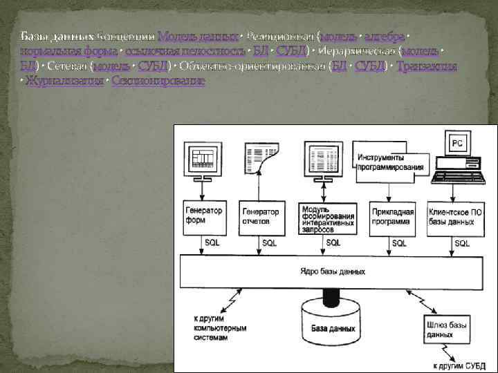 Базы данных Концепции Модель данных • Реляционная (модель • алгебра • нормальная форма •