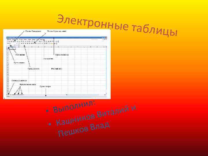 Электронн ые таблиц ы нил: Выпол лий и • в Вита нико • Каш