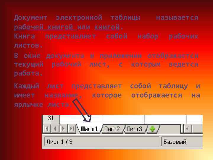 Документ электронной таблицы называется рабочей книгой или книгой. Книга представляет собой набор рабочих листов.