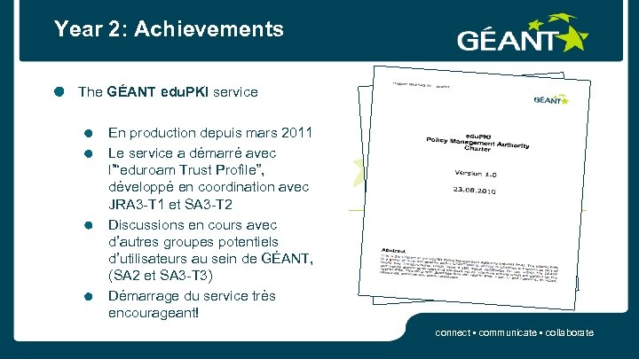 Year 2: Achievements The GÉANT edu. PKI service En production depuis mars 2011 Le