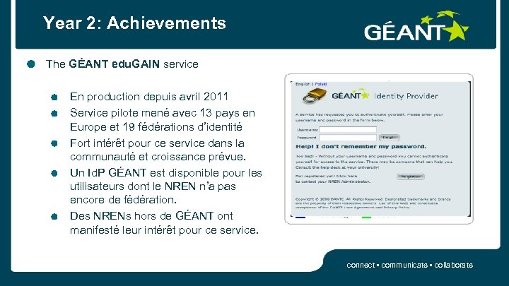 Year 2: Achievements The GÉANT edu. GAIN service En production depuis avril 2011 Service