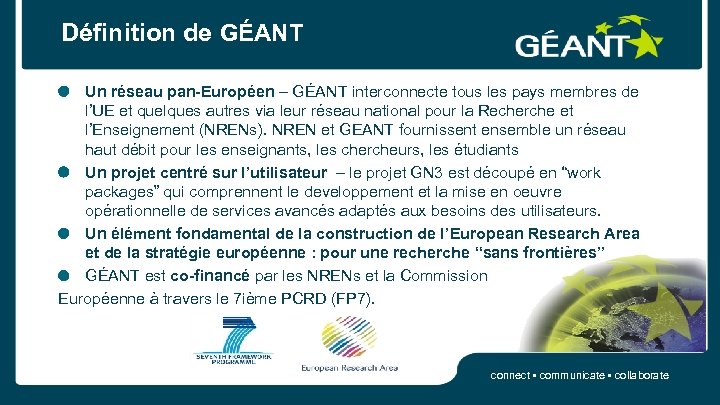 Définition de GÉANT Un réseau pan-Européen – GÉANT interconnecte tous les pays membres de