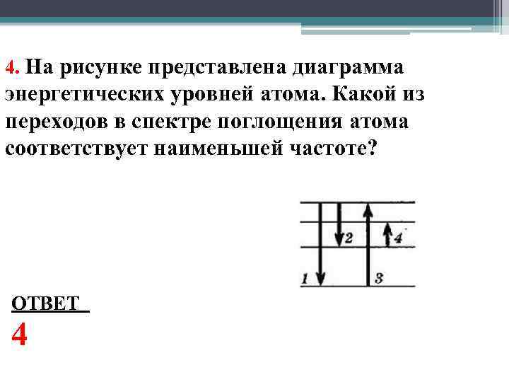 4. На рисунке представлена диаграмма энергетических уровней атома. Какой из переходов в спектре поглощения