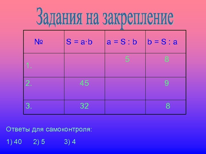  № S = a·b a = S : b 5 1. b =