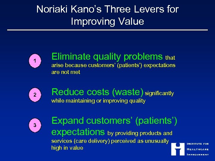 Noriaki Kano’s Three Levers for Improving Value 1 Eliminate quality problems that 2 Reduce