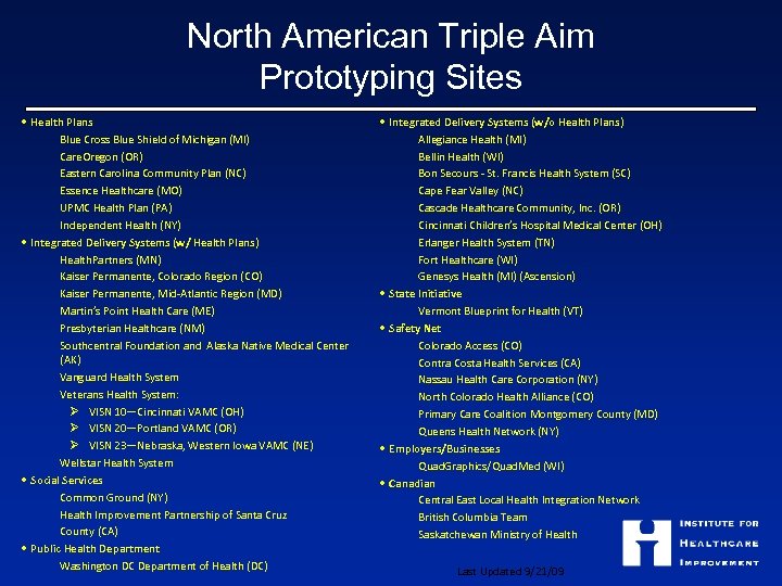 North American Triple Aim Prototyping Sites • Health Plans Blue Cross Blue Shield of