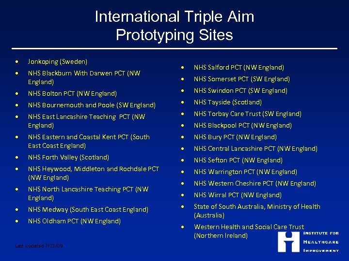 International Triple Aim Prototyping Sites • Jonkoping (Sweden) • NHS Blackburn With Darwen PCT